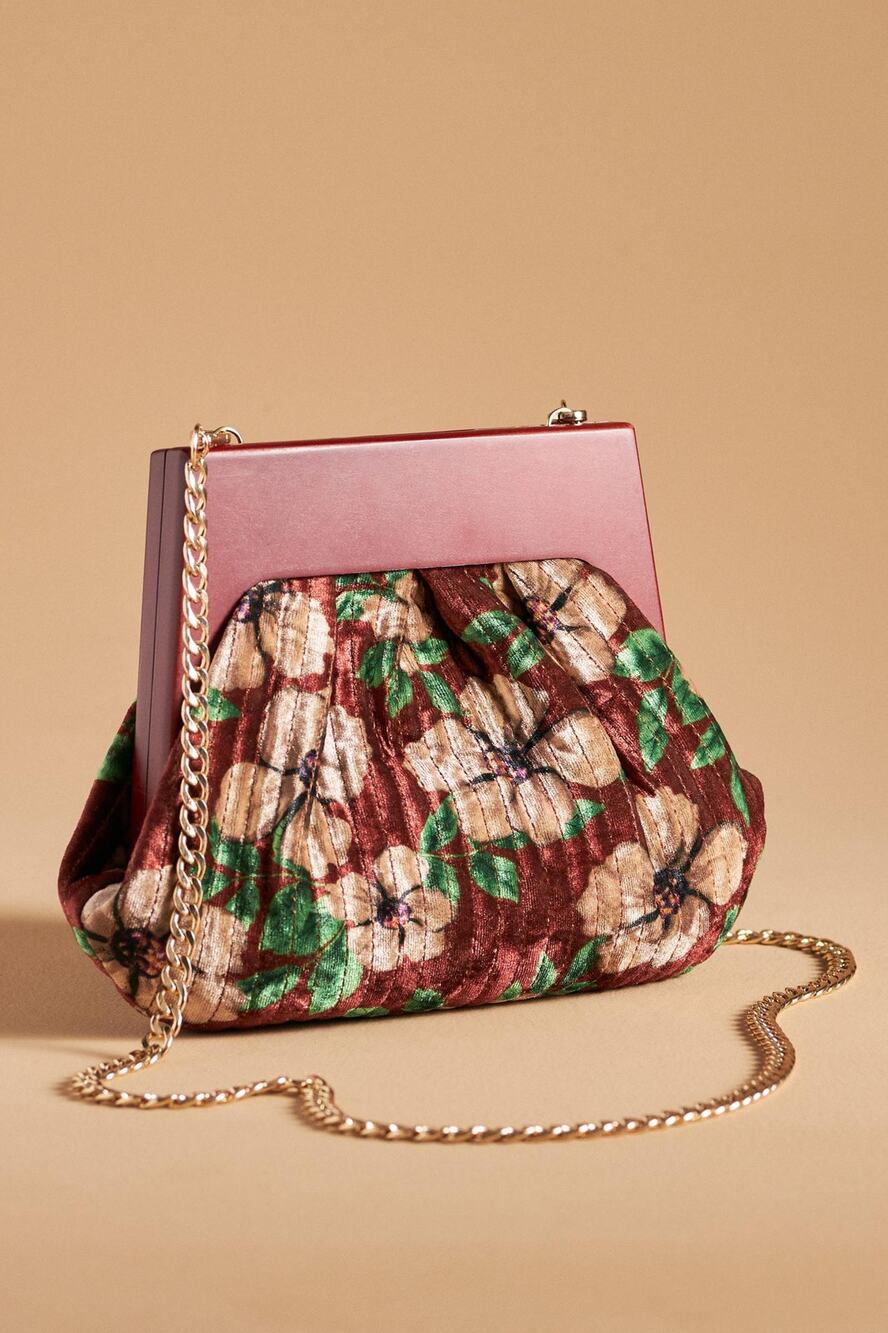 nwt ANTHROPOLOGIE Pleated Velvet Clutch w/ gold strap in pink combo